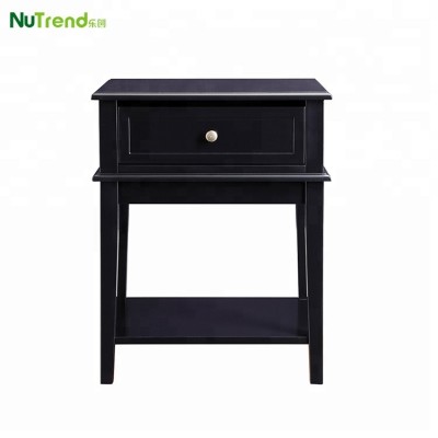 Wooden small bedroom nightstand furniture black side table with shelf design